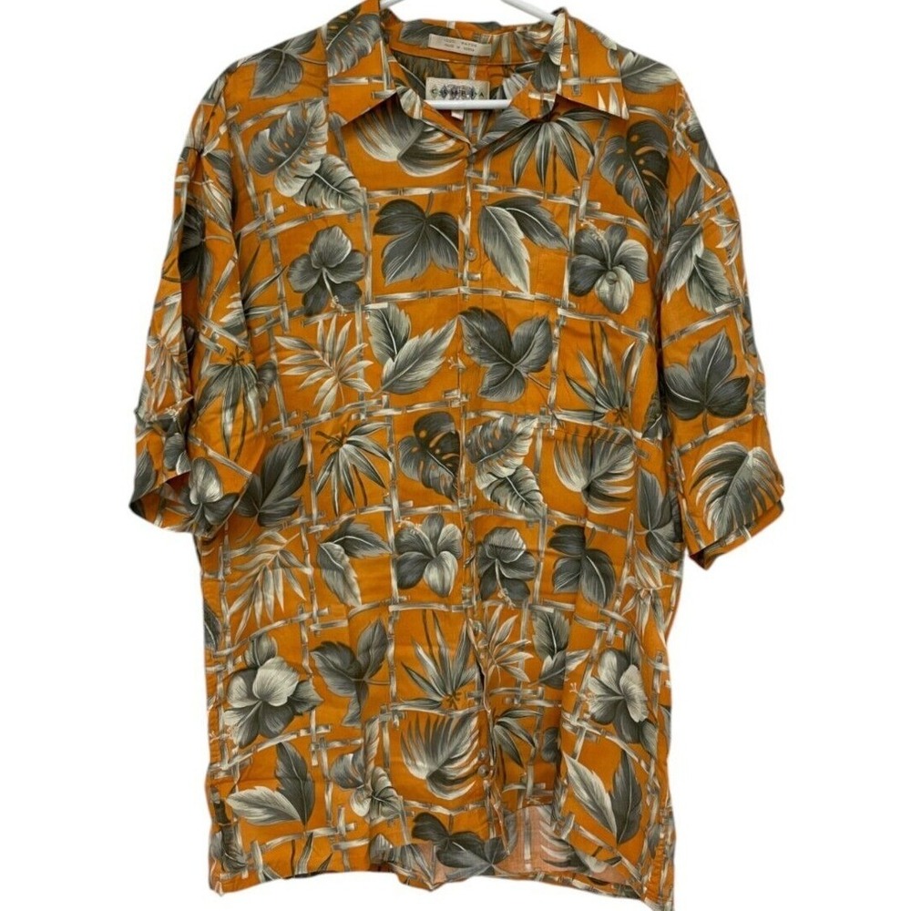 Vtg AOP Plants‎ Monstera Button Up Shirt Orange Mens Large Floral Hawaiian NWT
